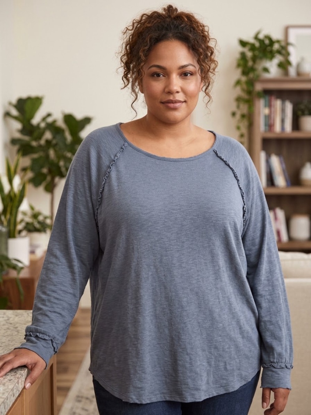 LC Lauren Conrad Washed Blue Relaxed Long-Sleeve Top